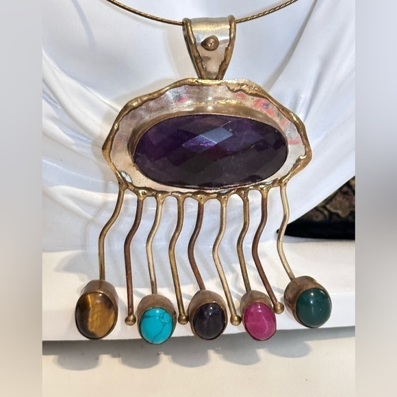 Elegant Artisan Multi Gemstone Pendant Hand Crafted 40mm Wire Necklace 4006 - Picture 16 of 16